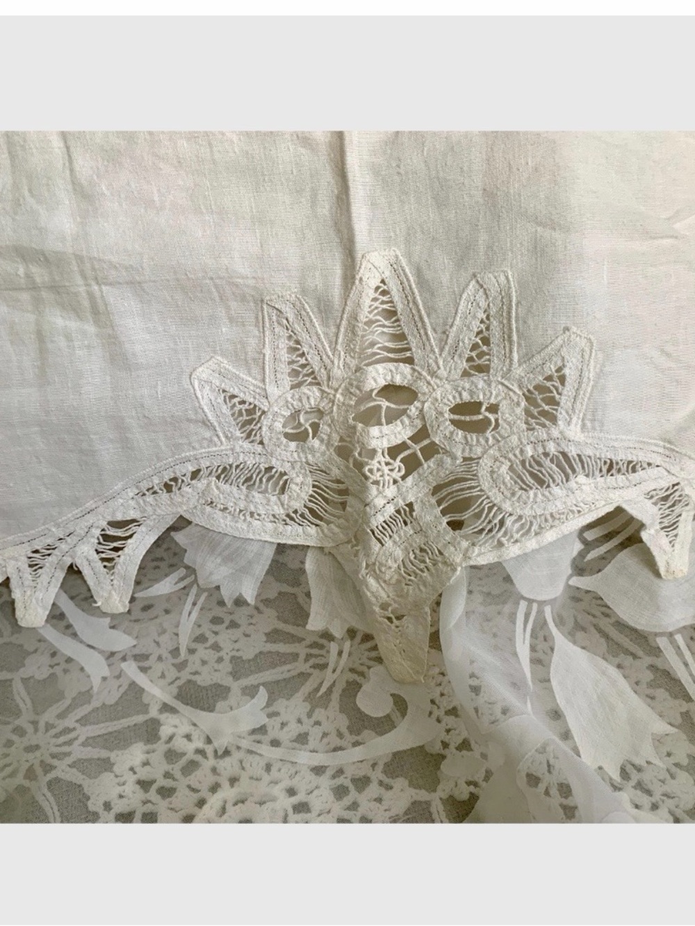 Vintage white Battenburg lace window valance 68" × 9.5" button holes